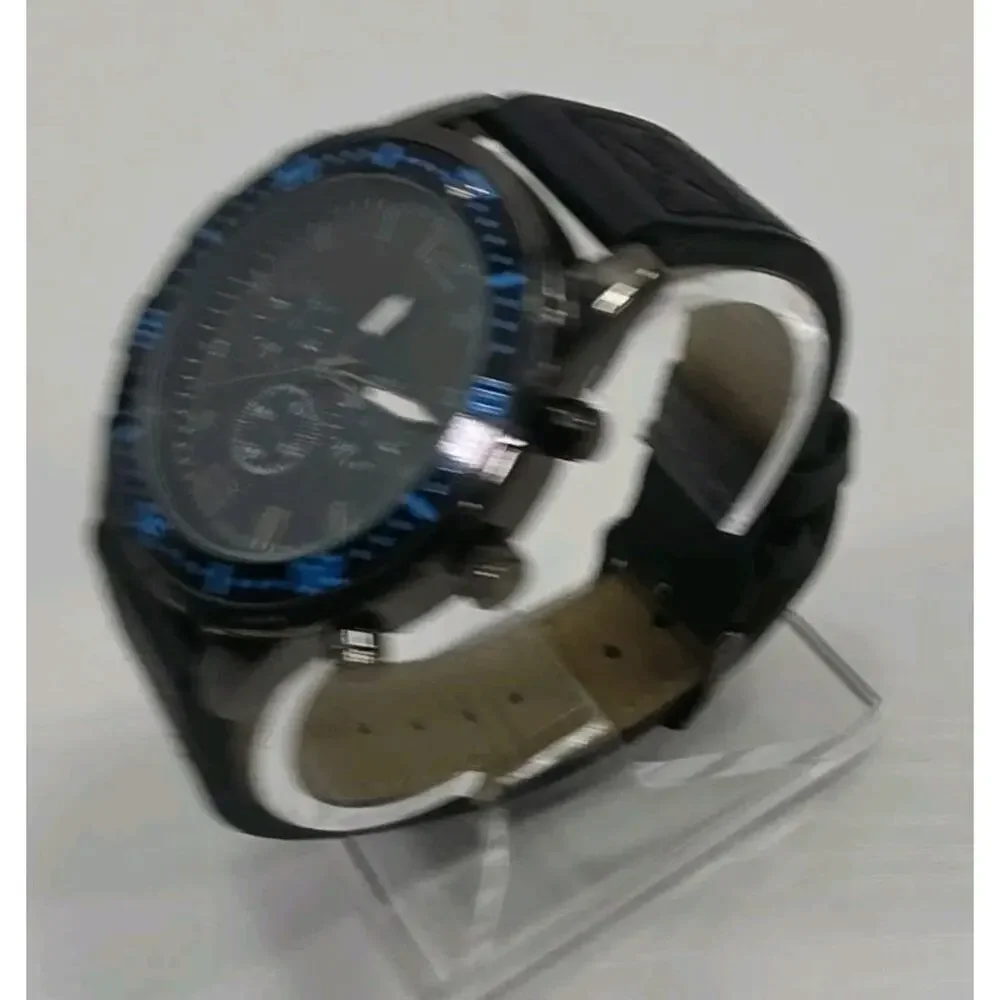 Men’s Blue Accent Watch W/ Black Dial, Black Vegan Leather Band New Battery W271